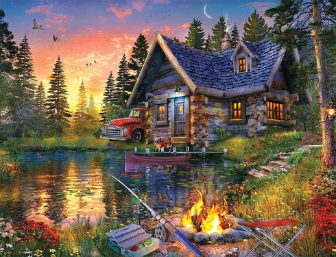 Springbok Sun Kissed Cabin 500 Piece Jigsaw Puzzle for Adults, Colorful Illustration of Fishing Cabin by The Lake