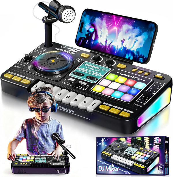 Kids DJ Mixer Board Controller Toy Set with Turntable, Piano Keys, Microphone