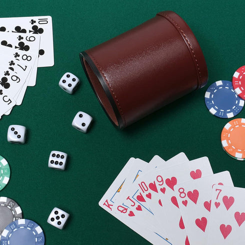 Leather Dice Cup Set - Felt Lining Quiet Shaker with 5 Dot Dices for Farkle Yahtzee Games, Brown