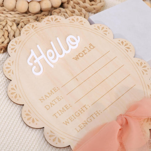 YOUAME Girls Hello World Wood Sign - Newborn Birth Announcement Plaque, Scallop Edge Wooden Sign Disc, Hospital Name