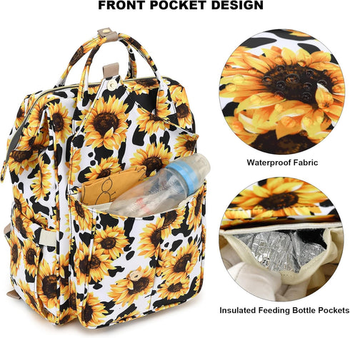 Mimfutu Backpack Cow Print Sunflower Diaper Bag for Baby Girls Boys, Large Capacity Multifunction Waterproof Maternity