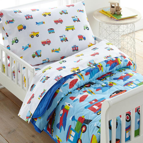 Set 100% Cozy Wildkin Flannel Toddler Sheet Cotton, Soft & Bed Sheets - Trains, Planes, and Trucks