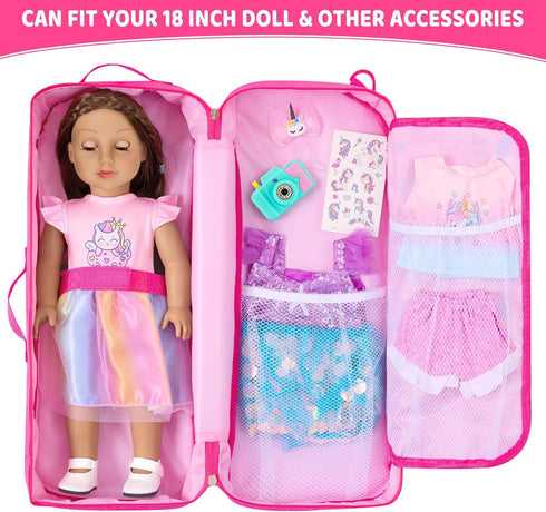 18INDC 18 Inch 5PCS 18In Set 18 Inch 18" Doll Storage Bag - Unicorn Theme Doll Accessories with Rainbow Dress, Hair