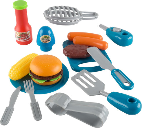 BBQ Grill Toy Set - Interactive Play Kitchen Set with Lights, Sounds, Wheels, Toy Food, and Cooking Accessories