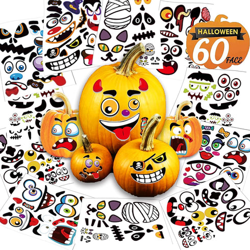60 Pack Halloween Pumpkin Decorating Stickers, 16 Sheets Cute Pumpkin Face Stickers in 30 Designs for Halloween Craft