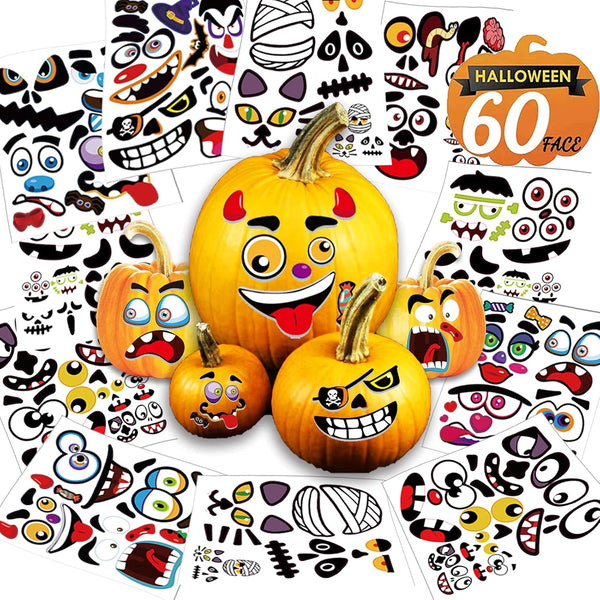60 Pack Halloween Pumpkin Decorating Stickers, 16 Sheets Cute Pumpkin Face Stickers in 30 Designs for Halloween Craft