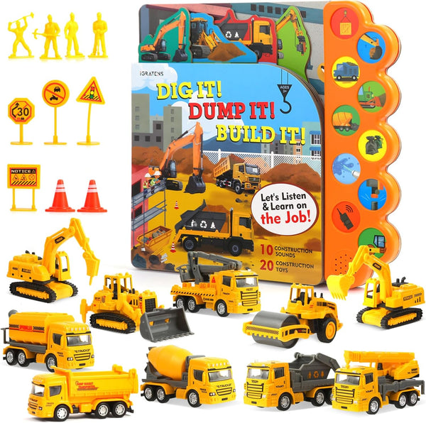 Construction Toys with Sound Books - Dig It! Dump It! Build It! Board Book with 10 Buttons & 20 PCS Toys