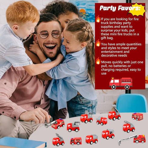 30 Pcs Mini Pullback Fire Truck Toy, Small Red Emergency Vehicles for Firefighter Party Supplies, 10 Styles