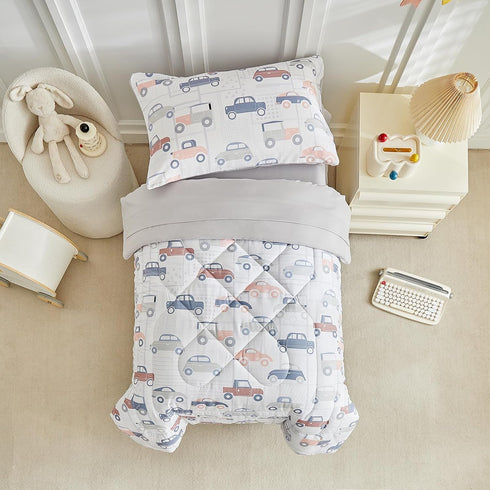 Set Boys,4 Set,Soft Set JHXHMX Car Toddler Bedding for Piece Bed-in-a-Bag Toddler Comforter Crib Bed Including