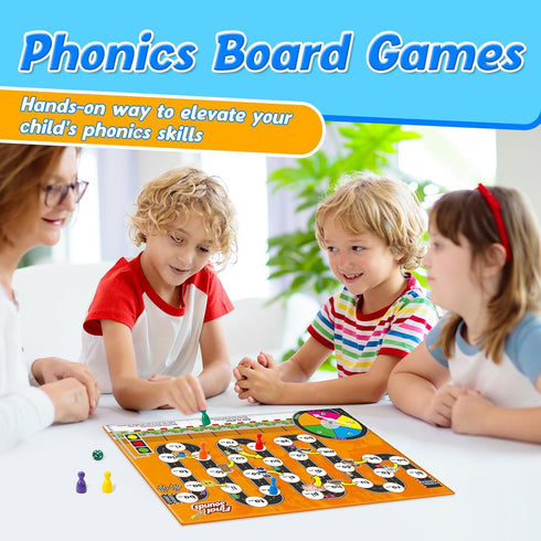 Educational Phonics Board Games for Kids, CVC and CVCC Reading and Spelling Games for Ages 4-6, Family Fun