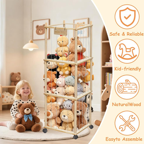 56" yofit Stuffed Animal Storage Organizer with Wheels, Plush Storage Wooden ZOO with Removable Dust-Proof Cover
