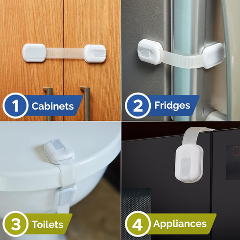 Child Safety Strap Locks (4-Pack) for Cabinets, Drawers, Toilet, Fridge, Easy Installation with 3M Adhesive Pads