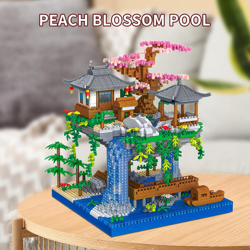 LQPFBSM Sets 2500 Cherry Blossom Treehouse Micro Mini Building Block Japanese Bonsai Tree Peach Blossom Pool