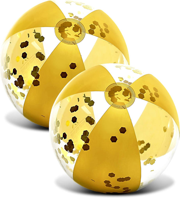 POZA Inflatable Beach Balls Set of 2 - Elegant Glitter Confetti Floaters, 16 Inches, Heavy Duty Vinyl