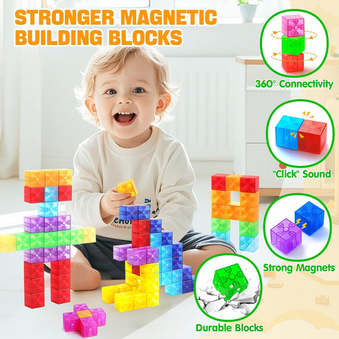 52pcs Magnetic Blocks - Translucent Magnetic Cubes, Building Blocks Magnet Toys for Kids, Montessori STEM Sensory Toys