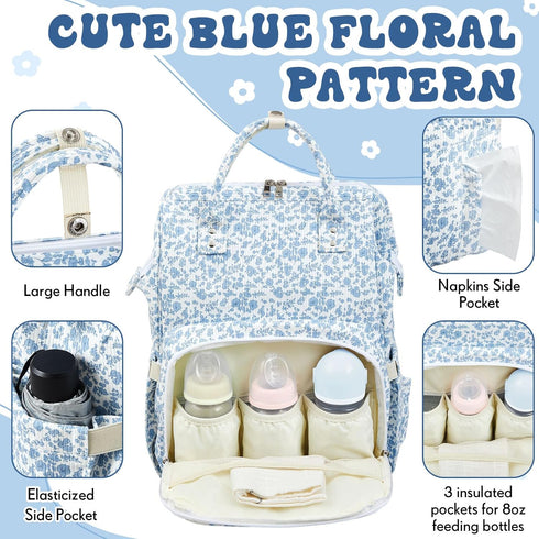 Sunnymove Backpack Backpack Blue Corduroy Floral Diaper Bag for Mom Large Capacity Multifunction Travel for Women, Cute