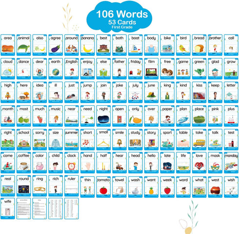 WJPC 55 Cards, 106PCS High Frequency First-Grade Sight Words Flash Cards for Kids Learning to Read and Write