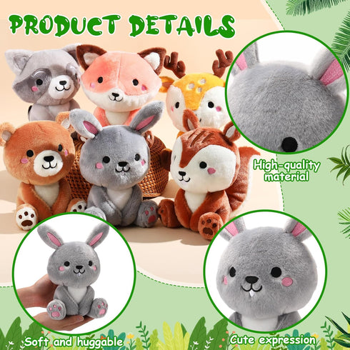 6 Pcs Woodland Animals Plush Toys - 7 Inch Bear, Rabbit, Squirrel, Deer, Raccoon, Fox Stuffed Animals for Gifts