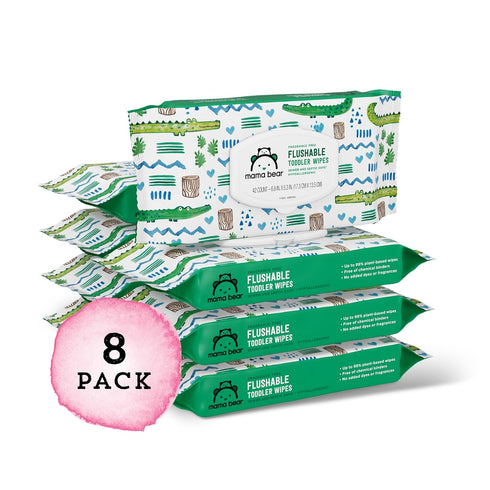 336 Count, 8 Packs 42 Amazon Brand - Mama Bear Flushable Toddler Toilet Wipes, Unscented, Formulated without Fragrance