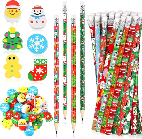 72 Pcs Christmas Pencils Mini Pencil Erasers Set, Christmas Party Favors for Kids, Holiday Tiny Erasers, Classroom