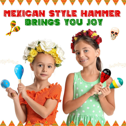 50 Pcs Mini Wooden Maracas for Kids Fiesta, 17 Designs Noisemaker for Mexican Cinco De Mayo, Luau Party, Carnivals,