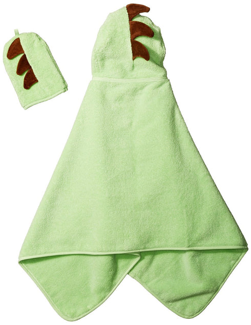 Little Ashkim Set:Toddler, 2T- 5T Dino Hooded Turkish Towel and Mitten Green