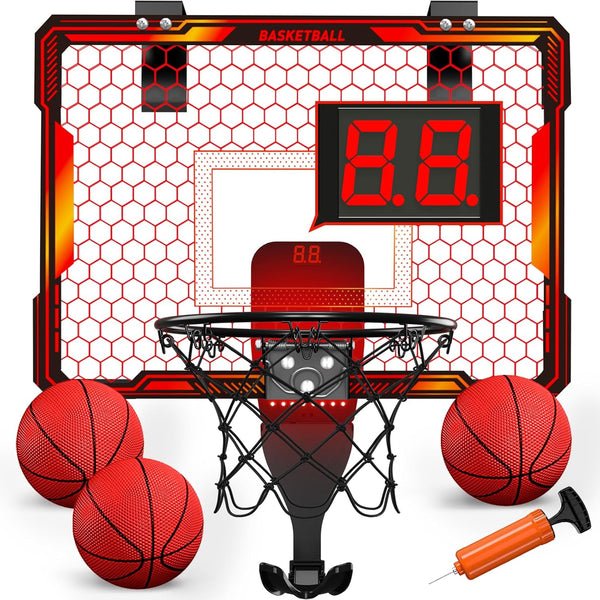 Basketball Hoop Indoor - Mini Basketball Hoop with 7 LED Lighting, Scoreboard, Over Door Foldable Basketball Toys