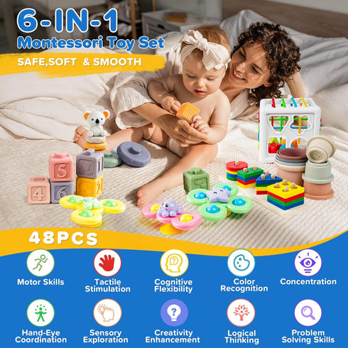 6-in-1 6 12 6-12-18 1-3 Baby Toys to Months, Montessori Toys for Babies Months, Infant Teething Toy Stacking Blocks