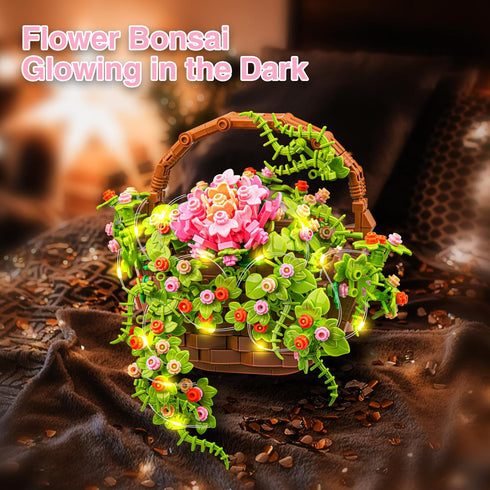 Set, (691 SATHIBI Flower Bouquet Building Flowers Basket Bonsai Plants with Light, Botanical Collection Wall Decor