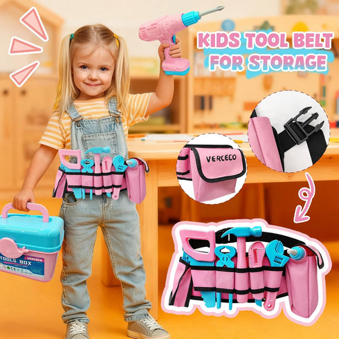 Set 55Pcs 3 4 5 6 7 Kids Tool Tool Box Toddler Tool Kit for Girls Play Tools Toy with Tool Belt Electronic Toy Drill