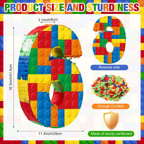 Number 6 Building Blocks Piñata, 16.5 Inch Party Supplies for 6th Birthday Decorations, Confetti Blocks Theme