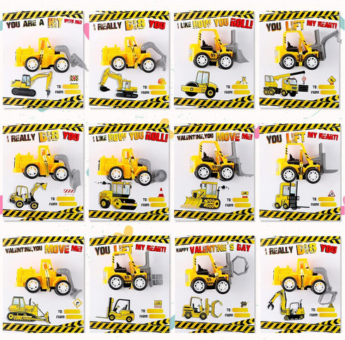 24 Set Roowest Valentine's Day Gifts for Kids Bulk Construction Vehicle Valentines Card Pull Back Construction Truck