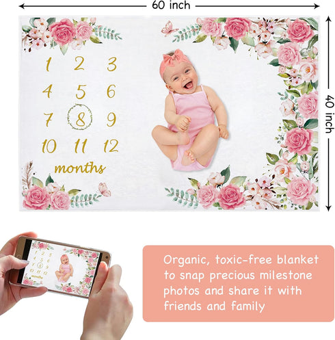 Yokakio 60" 40" Baby Monthly Milestone Blanket Girl, Milestone Blanket for Baby Girl, Track Growth and Age, Newborn