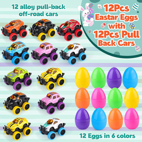12Pcs nicknack Prefilled Easter Eggs with Alloy Monster Trucks for Kids Easter Eggs Filled with Pull Back Monster Cars