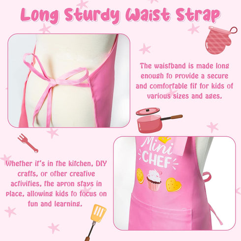 R HORSE Kid Apron and Chef Hat Set - Adjustable Light Pink Kitchen Apron for Cooking and Role Play