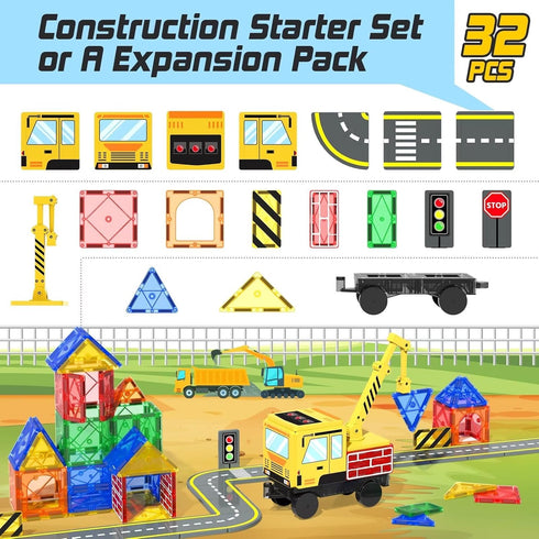 Magnetic Tiles Construction Toys with Crane, Road Pieces, Truck Magnetic Blocks for Kids Ages 3-8, STEM Building