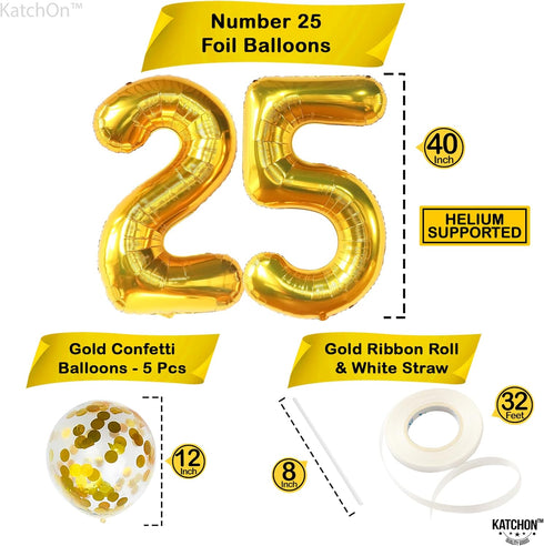 KatchOn Gold 25 Balloon Numbers, 40 Inch, 25th Birthday Balloons with Confetti