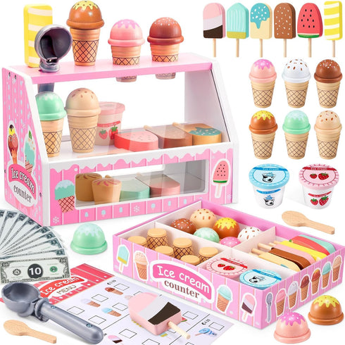 WHOHOLL Wooden Ice Cream Counter Playset for Toddler Girl Toys, Play Store
