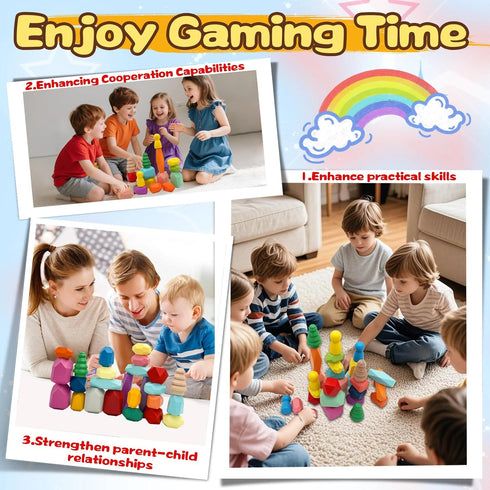 MEGRANATE 58PCS 3+ Montessori Wooden Stacking Rocks Toys Colorful Stacking Stones Building Blocks Games Sensory Toy