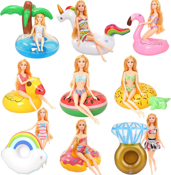9 Pcs Pool Floaties Swim Accessories Set for 11.5 Inch Girl Dolls, Inflatable Drink Holder for Pool Parties