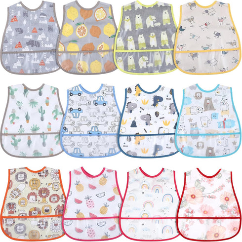 12 Pcs Baby Waterproof Bibs with Food Catcher, Adjustable Snaps Feeding Bibs for Toddlers (6 to 36 Months)