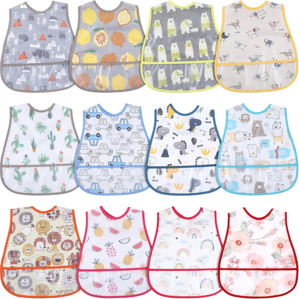 12 Pcs Baby Waterproof Bibs with Food Catcher, Adjustable Snaps Feeding Bibs for Toddlers (6 to 36 Months)