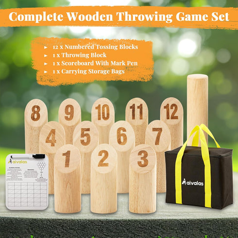 Wooden Tossing Game Set, 12PCS Numbered Block Toss Games with Scoreboard & Carrying Case, Outdoor Lawn Game for Teens,