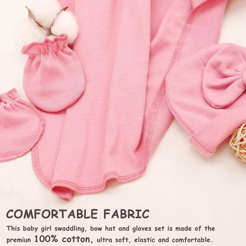 Baby Girl Newborn Receiving Blanket with Matching Bow Hat and Mittens Set, Baby Swaddle Shower Gift