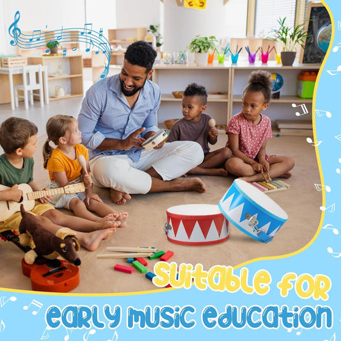 2 Set, 8 Inch 4 Boao Pcs Kids Drum Toddler Drum Wooden Toy with Adjustable Strap and Drumsticks, Educational Sensory