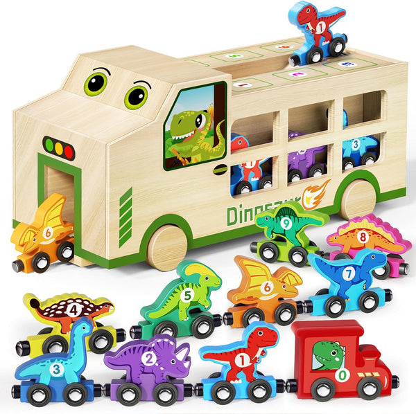 GJZZ Wooden Dinosaur Truck & 10 Magnetic Wooden Dinosaur Train Set |