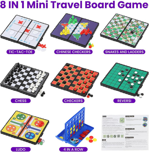 8-in-1 Set, 4 5.2'' Mini Travel Board Games Magnetic Checkers Game with Folding Magnet Board, in a Row Game, Compact