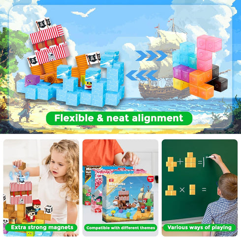 100PCS Set 3 4 5 6 7 8 9 10 ToyUnited Magnetic Blocks - Build Pirate-Ship World - Magnetic Building Cube Stacking, STEM