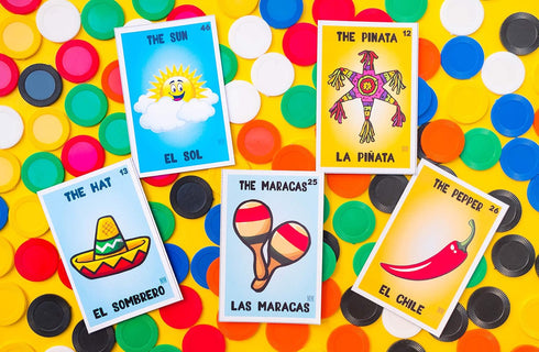 Mexican Bingo Game Kit - Bilingual for 10 Players with 1 Deck of Cards, Boards, and 140 Bingo Chips for Family Learning