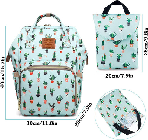 MCWTH Backpack Set Cactus Green Diaper Bag for Baby Girls Mom, Large Bags with Nappy Pouch Stroller Straps